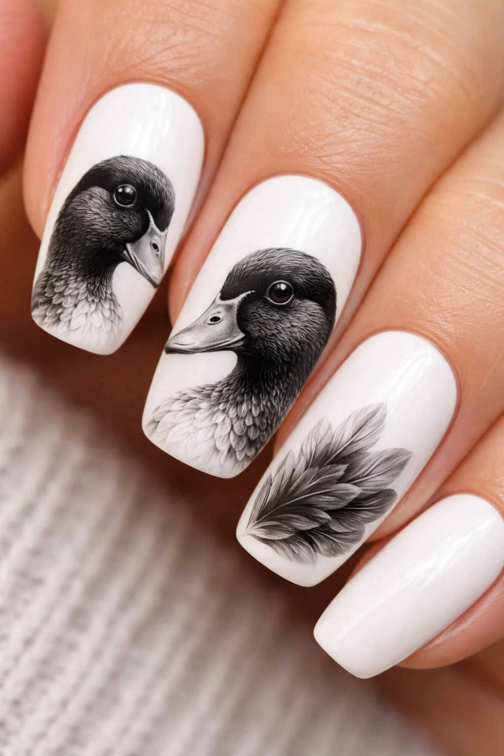 Hand-painted detailed duck portraits on white nails