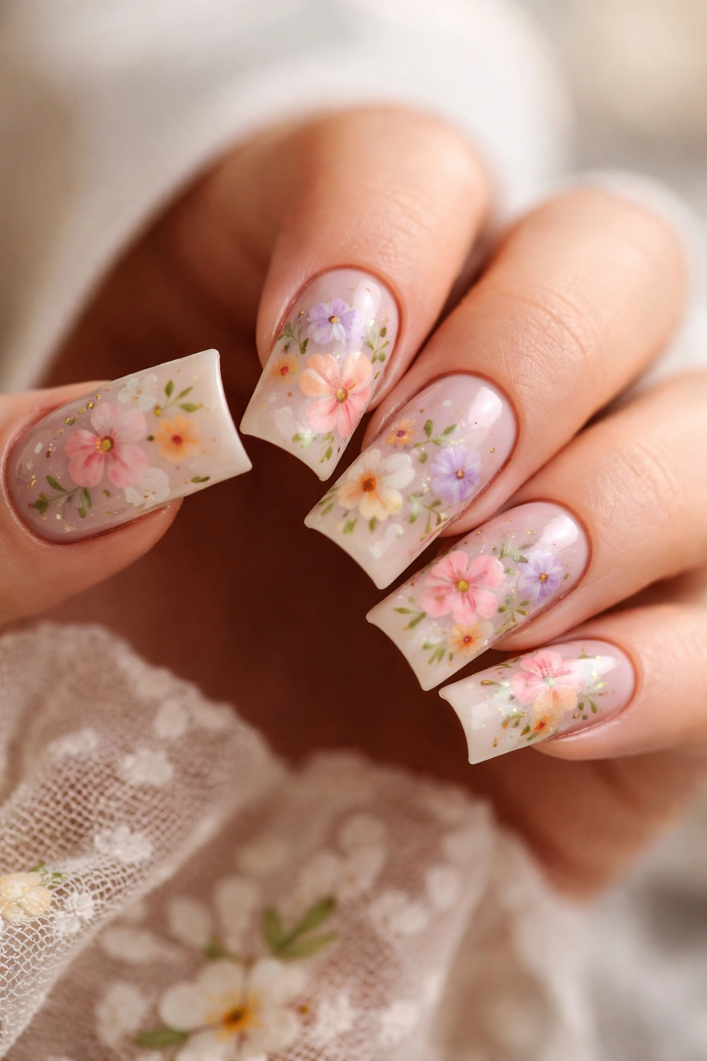 Duck nails with hand-painted floral motifs