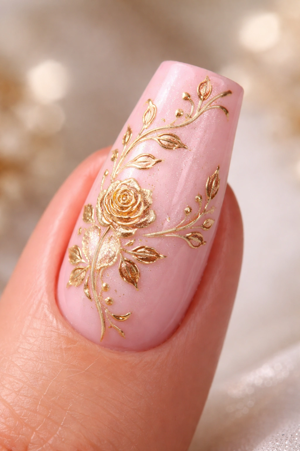 Close-up of a baby pink duck nail with gold floral artwork