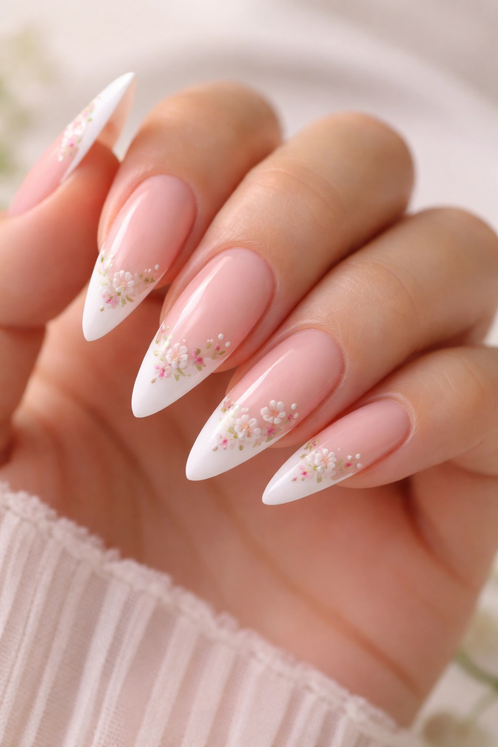 Close-up of white tip nails with hand-painted floral designs along the edge