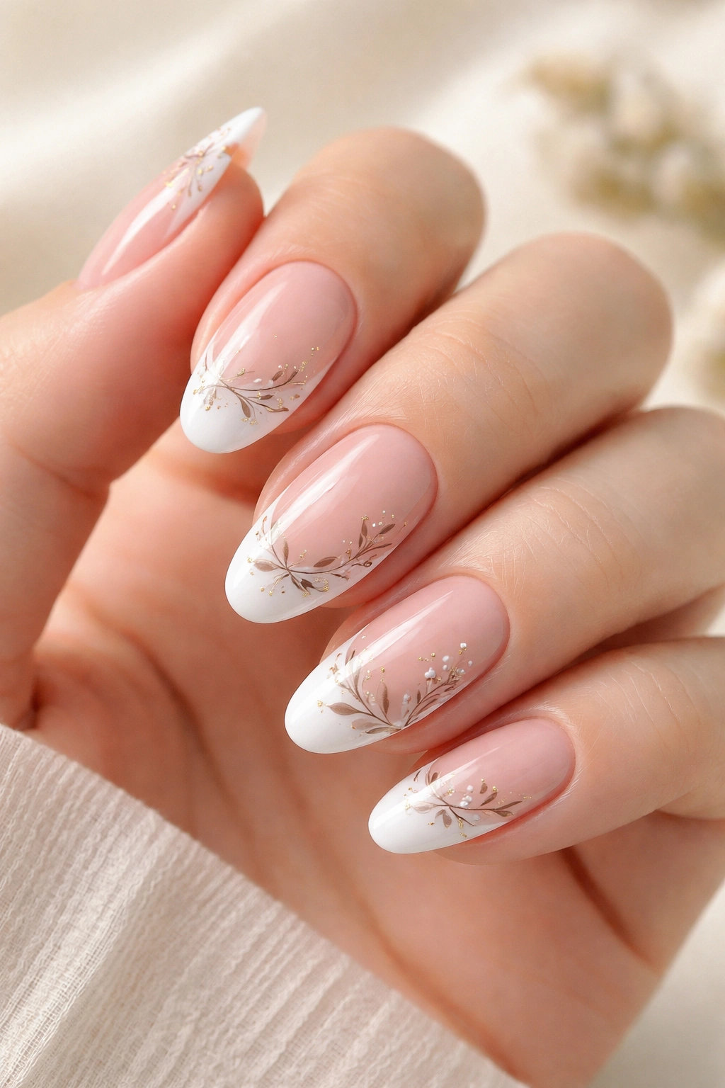 Oval nails with hand-painted fine line art on tips