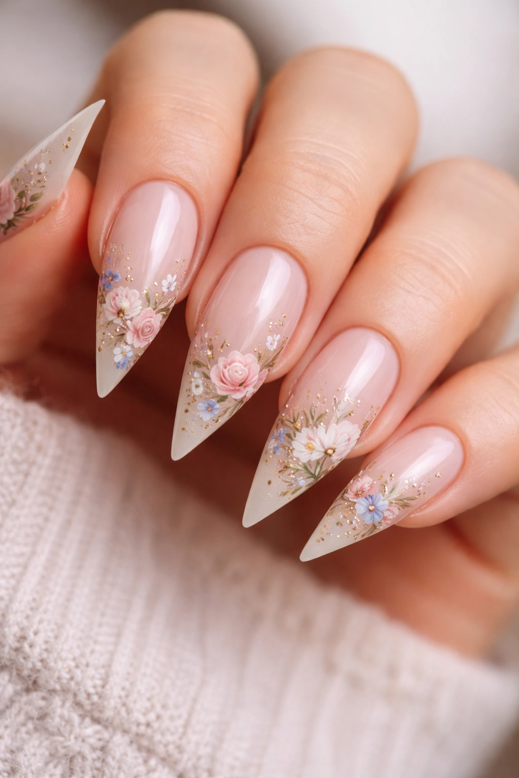 Close-up of reverse duck nails with hand-painted floral designs concentrated toward the tip