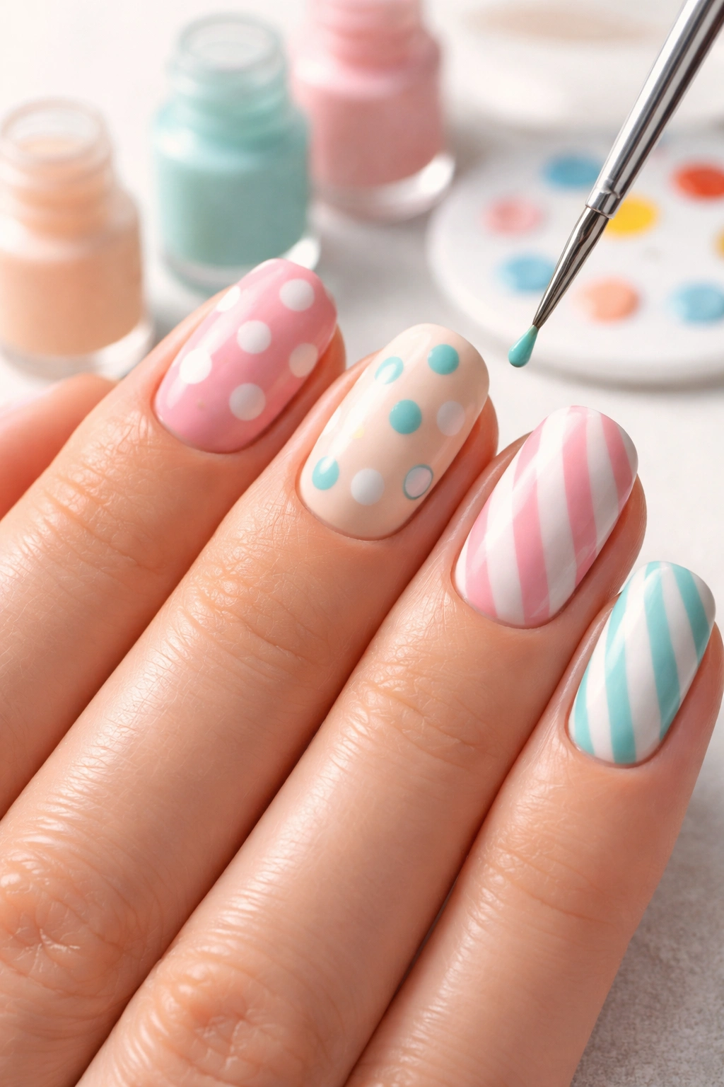 Close-up of nails with polka dots and stripes
