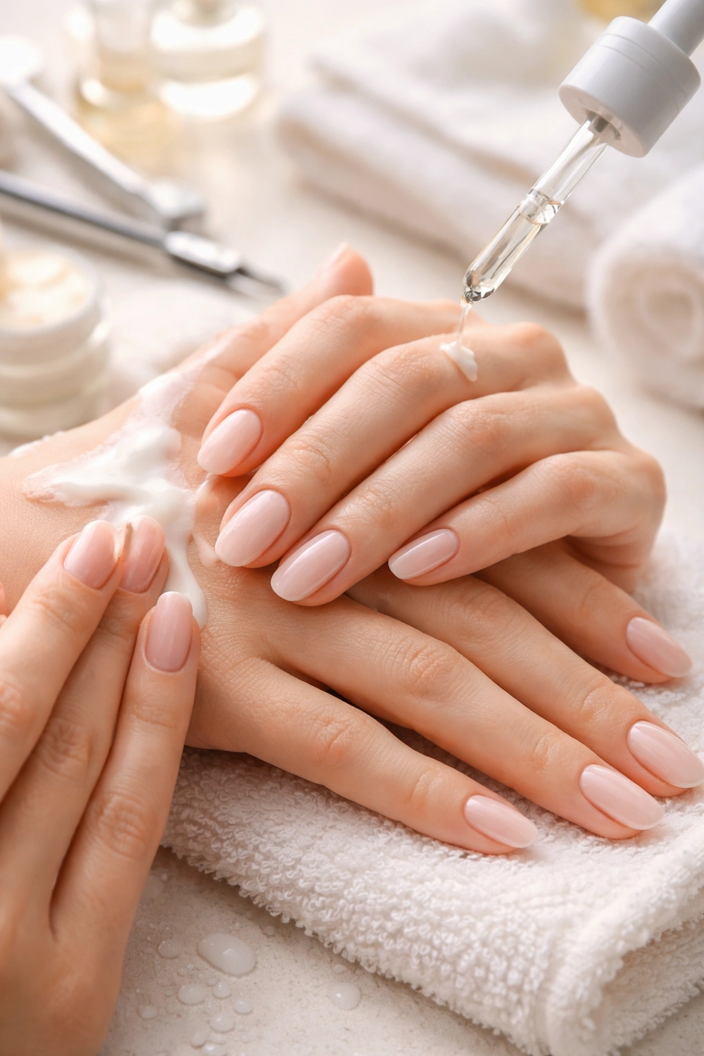 Hands being prepped with cuticle care and moisturizer
