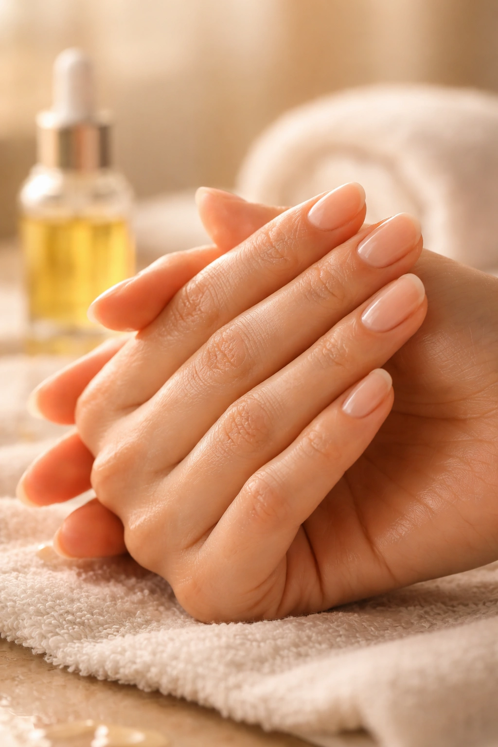 Hands warming nearby cuticle oil in the background