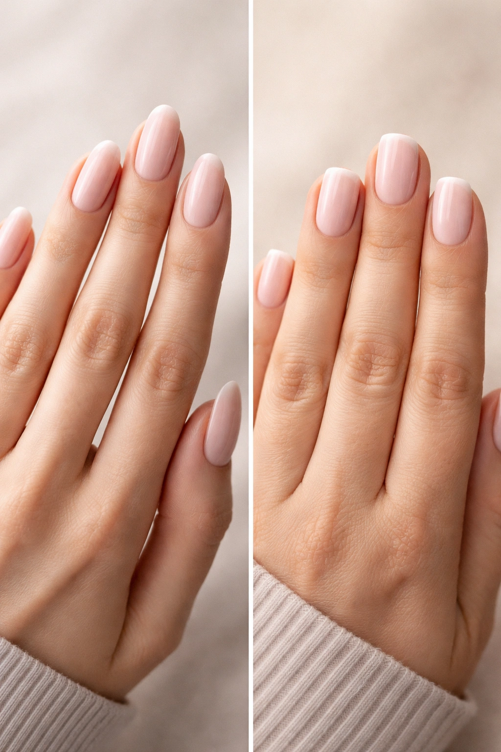 Two hands showing oval nails and squoval nails to illustrate proportion fit