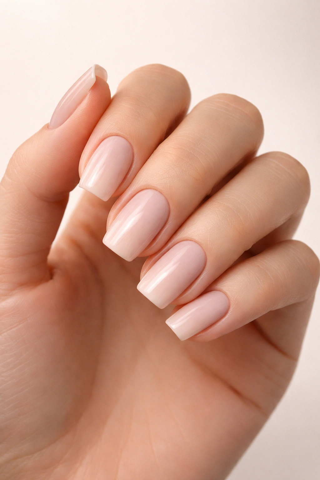Close-up of a hand showing squoval nails with tapered sides to balance finger proportions.