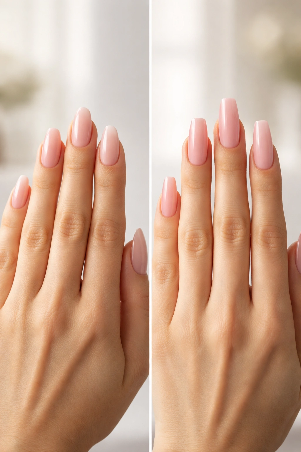 Side-by-side hands compare almond nails on shorter fingers and coffin nails on longer fingers.