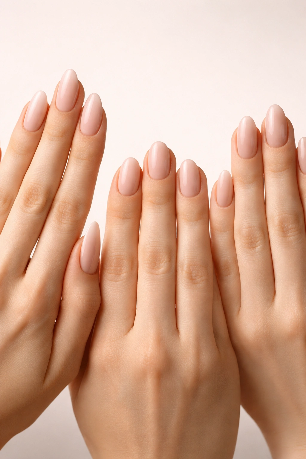 Close-up of three hands with varying finger lengths and nail bed widths to illustrate hand shape considerations in nail design