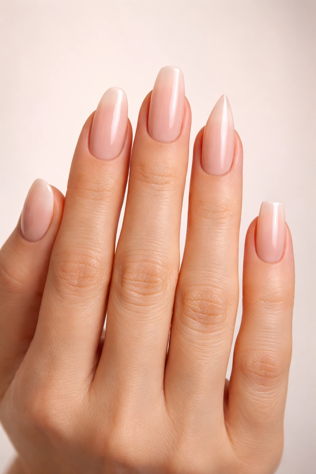 Close-up of a hand showing varied nail shapes to illustrate hand-specific nail shape challenges.