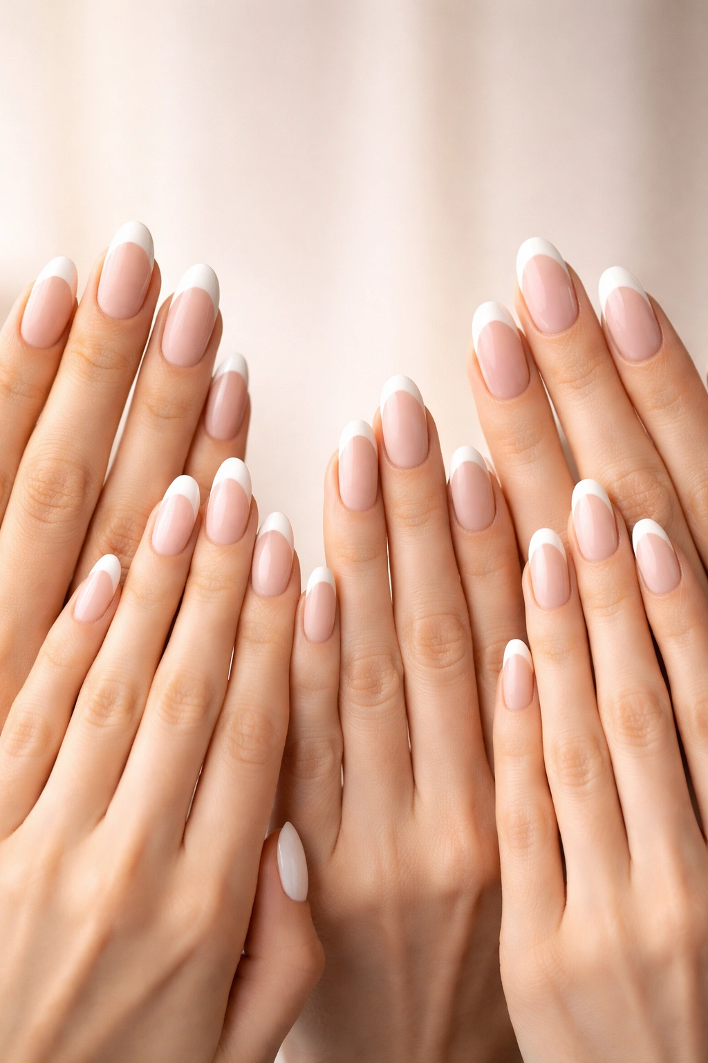 Close-up of hands of different sizes showing oval French tip nails to illustrate hand size and nail proportion