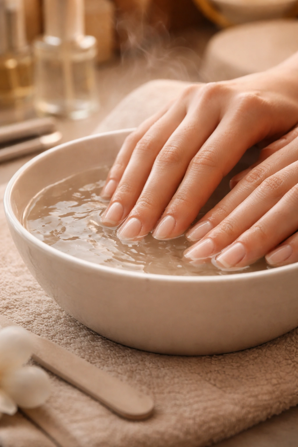 Hands soaking in lukewarm water preparing nails for filing