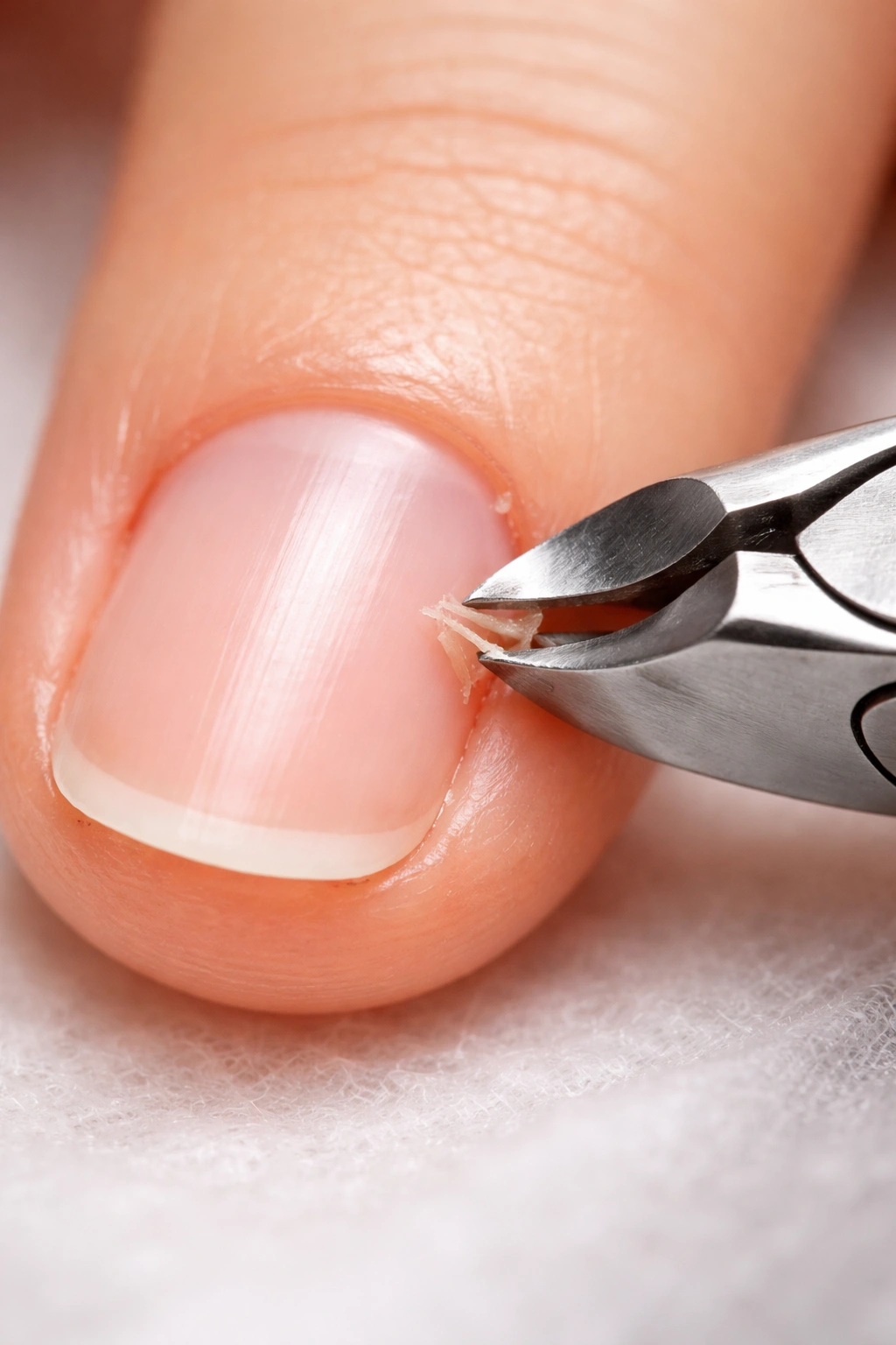 Close-up of hangnails being trimmed with cuticle nippers