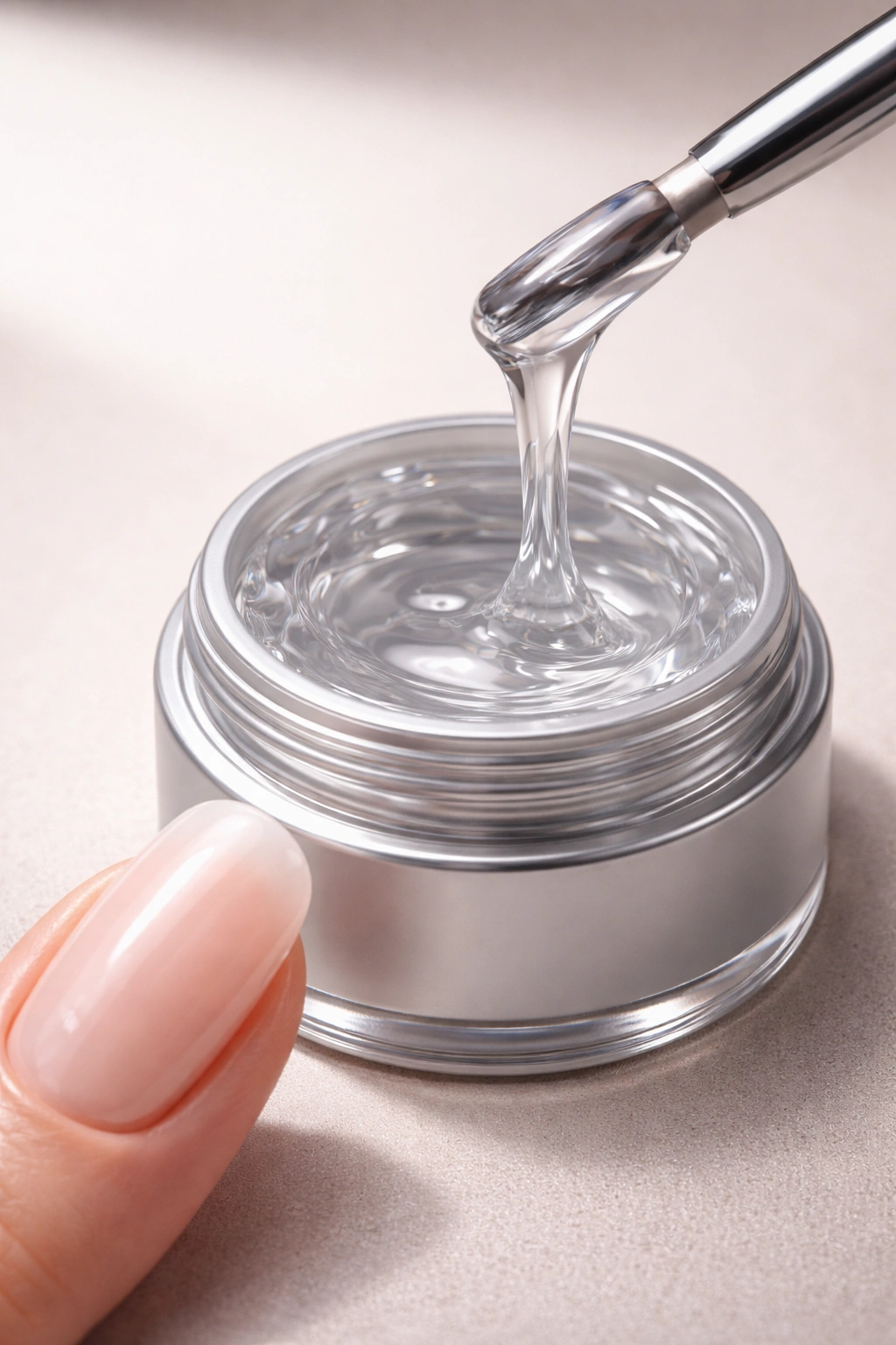 Close-up of hard gel nail surface and gel pot on a neutral background