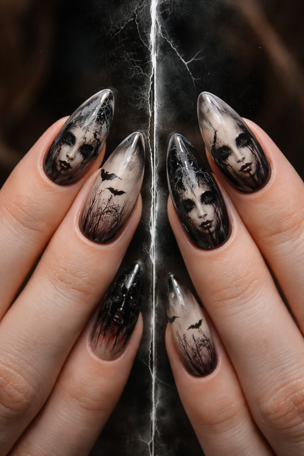 Almond nails with a center-split mirror design showing two slightly different reflections