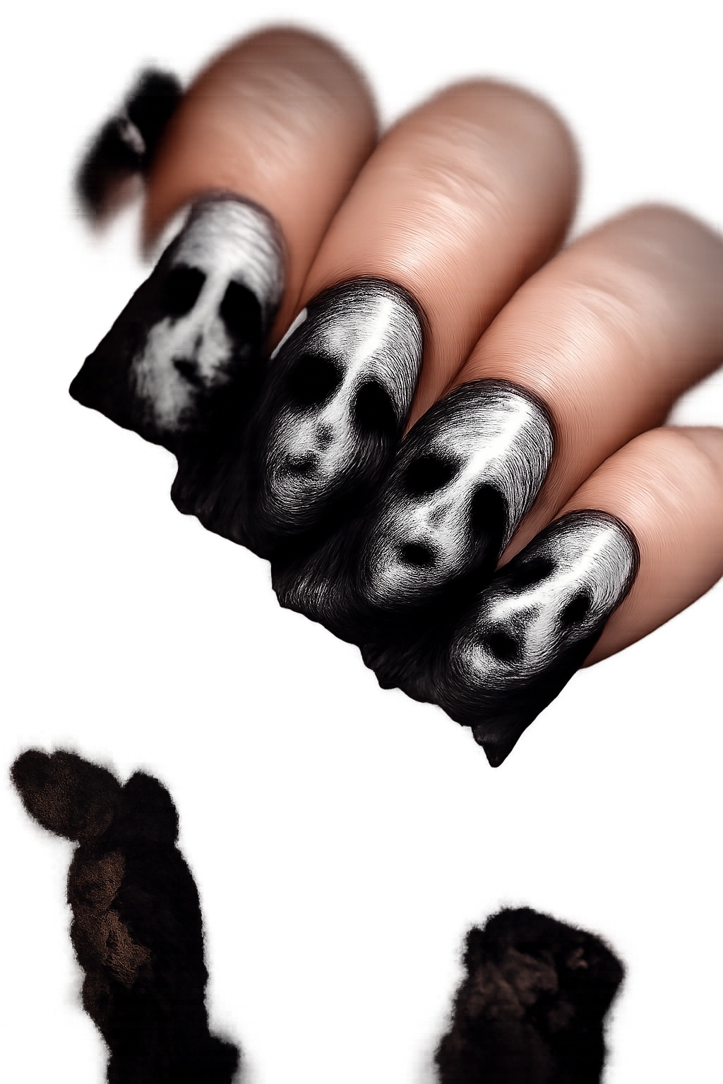 Nails featuring haunting ghost face designs in white and gray against a dark background