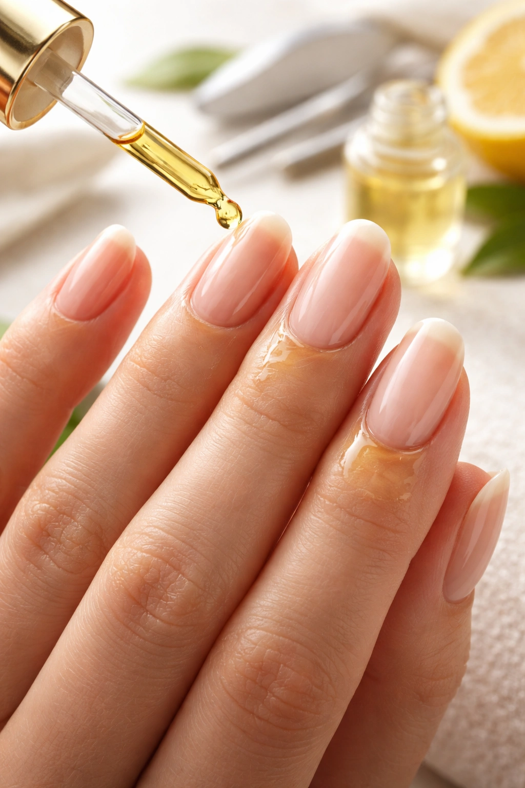 Healthy natural nails with cuticle oil applied