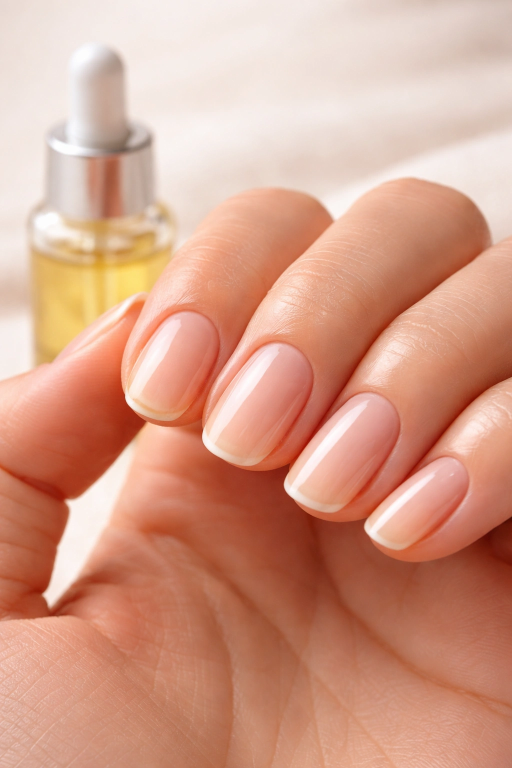 Close-up of healthy nails with moisturized cuticles and cuticle oil nearby