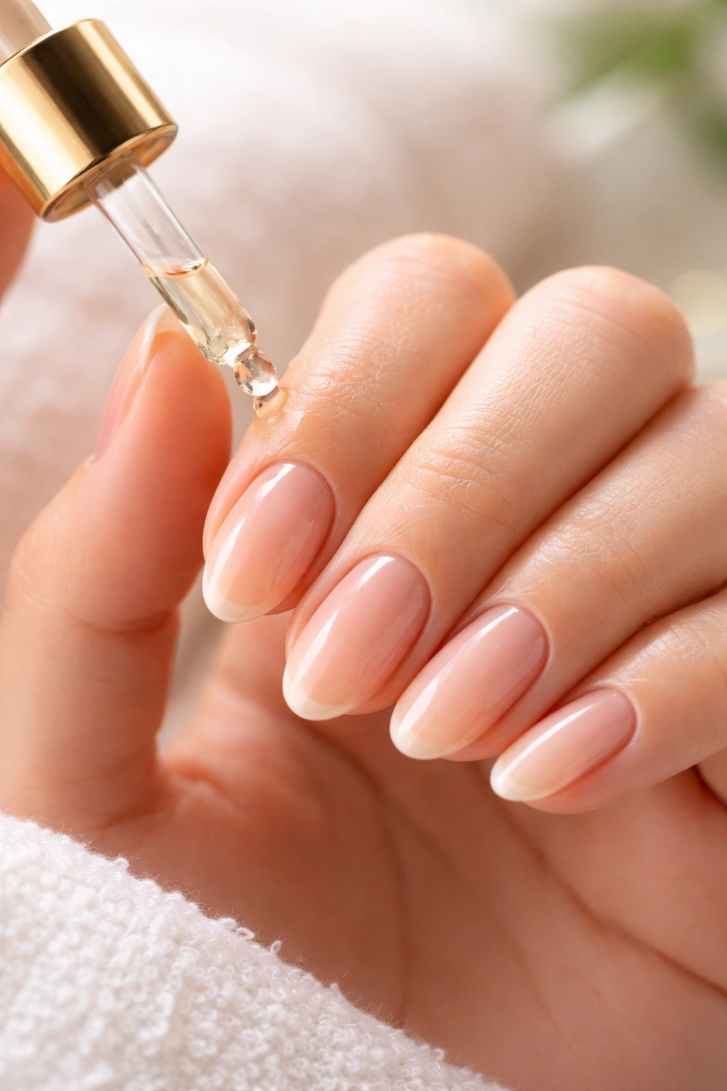 Hand applying cuticle oil to healthy oval nails
