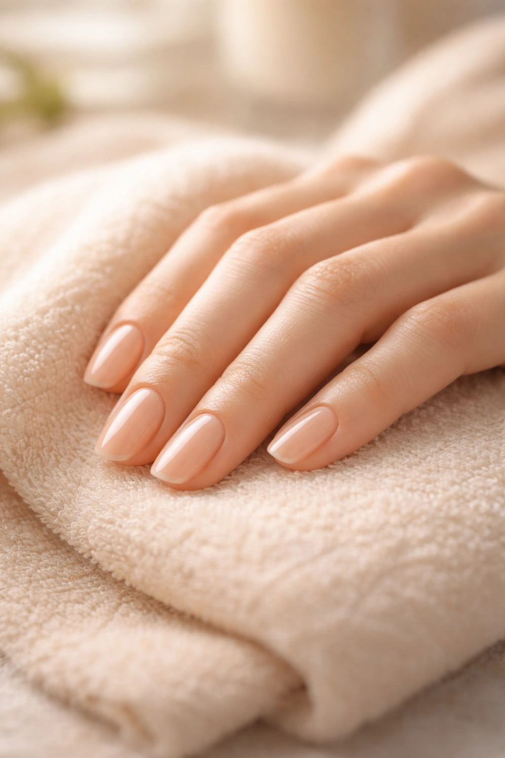 Calm close-up of a hand with healthy nails on a soft surface