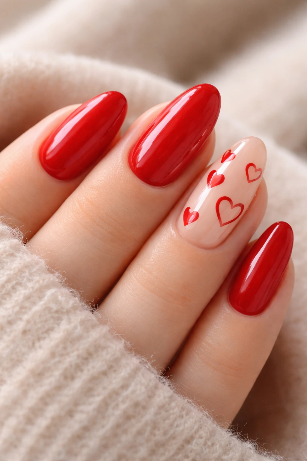 Nails with tiny red heart accents on a nude base