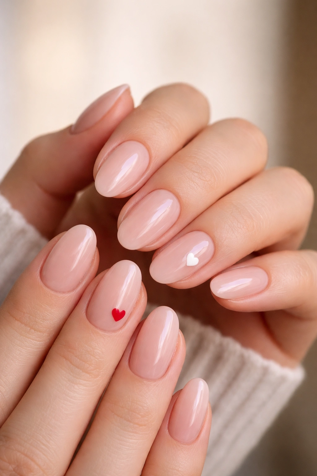 Close-up of tiny heart accent on a short almond nail.