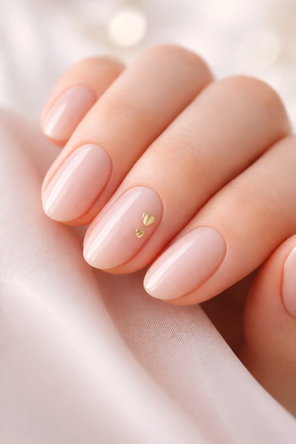 Nude nails with tiny gold heart accent on one finger