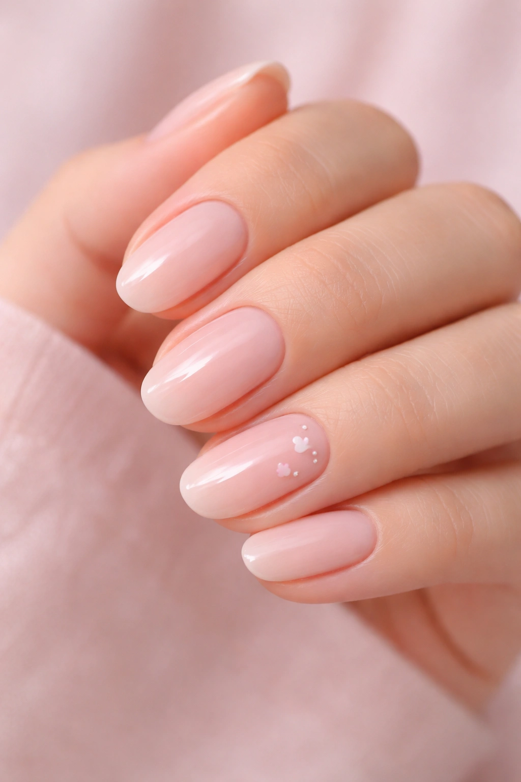 Close-up of nails with tiny heart accents on a soft pink base