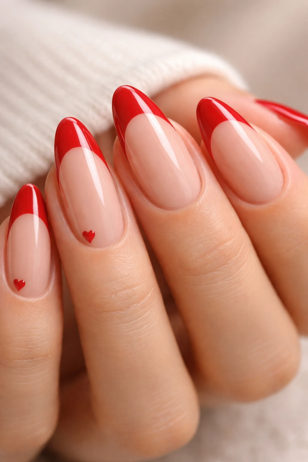 Almond nails with red tips and tiny heart accents