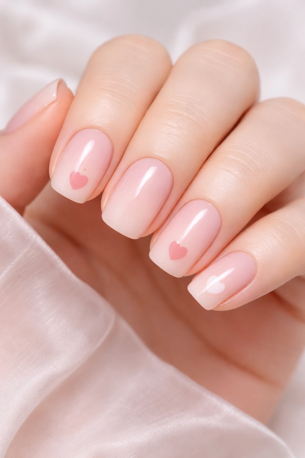 Short squoval nails with a single minimalist heart on pale pink base