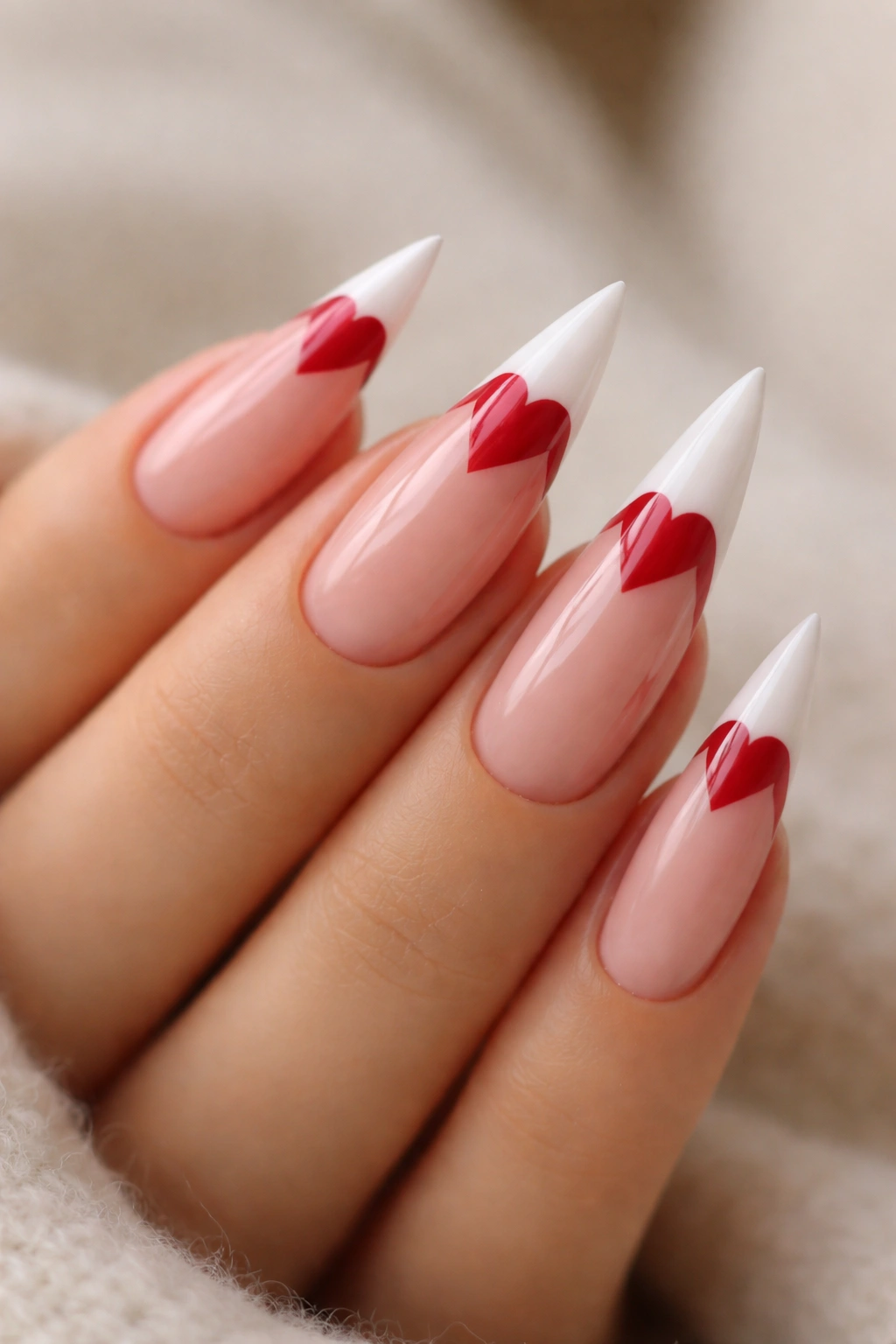 Close-up of heart-shaped French tip on stiletto nails with nude base