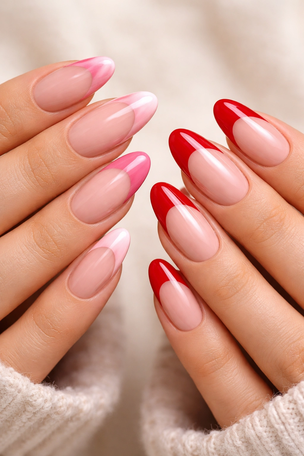 Nails with heart-shaped tips on a nude base in pink and red