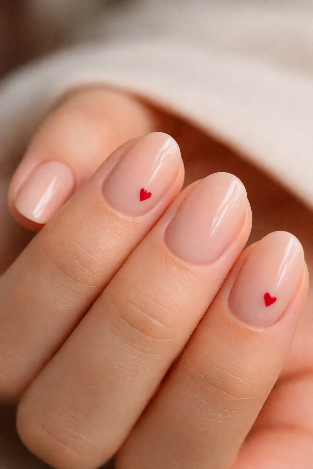Close-up of short oval nails with a tiny heart accent on neutral base