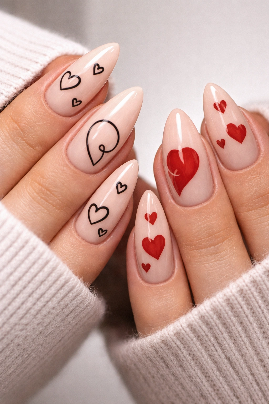 Close-up of two hands with almond nails displaying outline and filled heart nail art for best friends