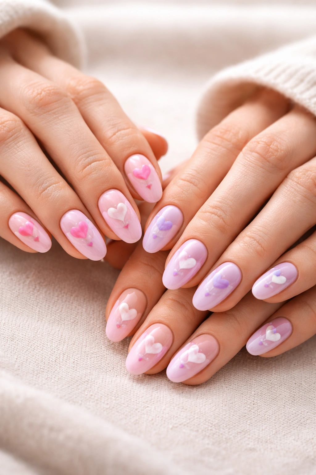 Two hands with matching heart nails symbolizing enduring friendship