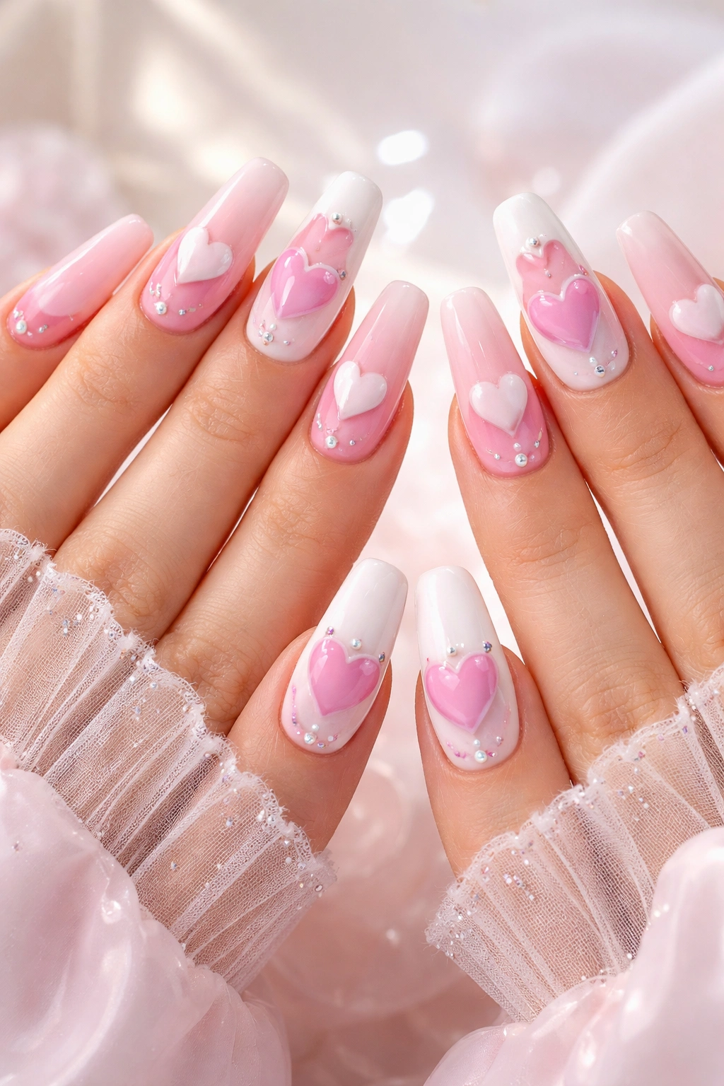 Long nails with pink and white heart accents