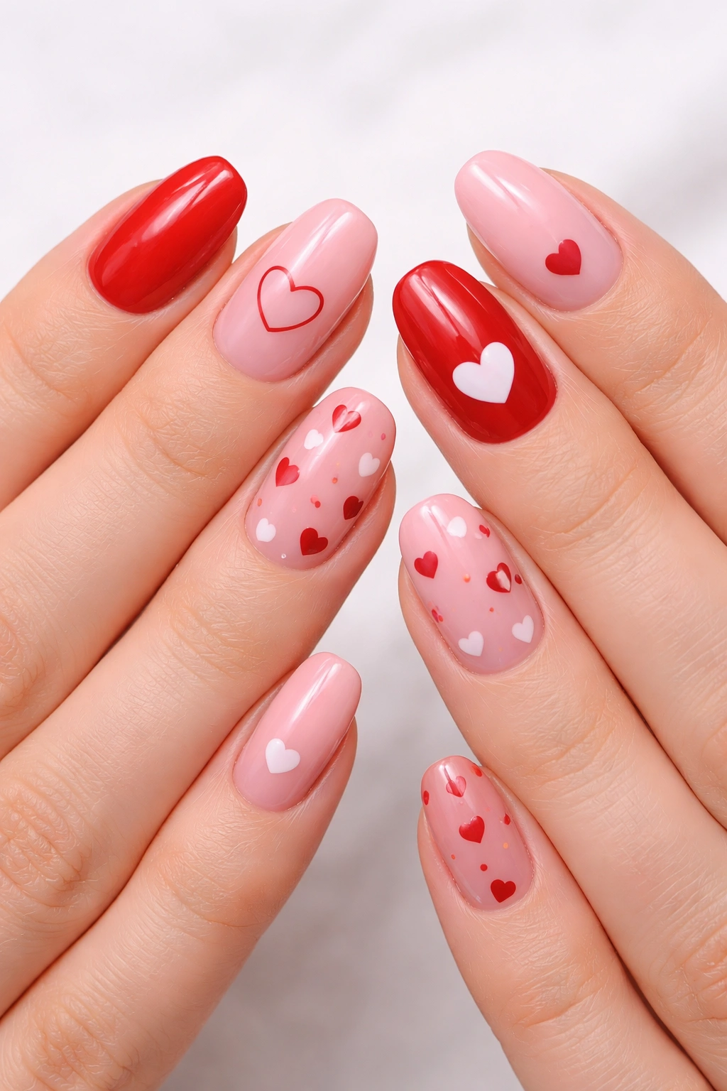 Nails with hearts placed in different spots on each hand