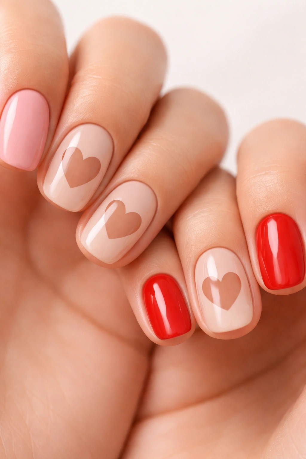 Nails with heart-shaped negative space on a nude base