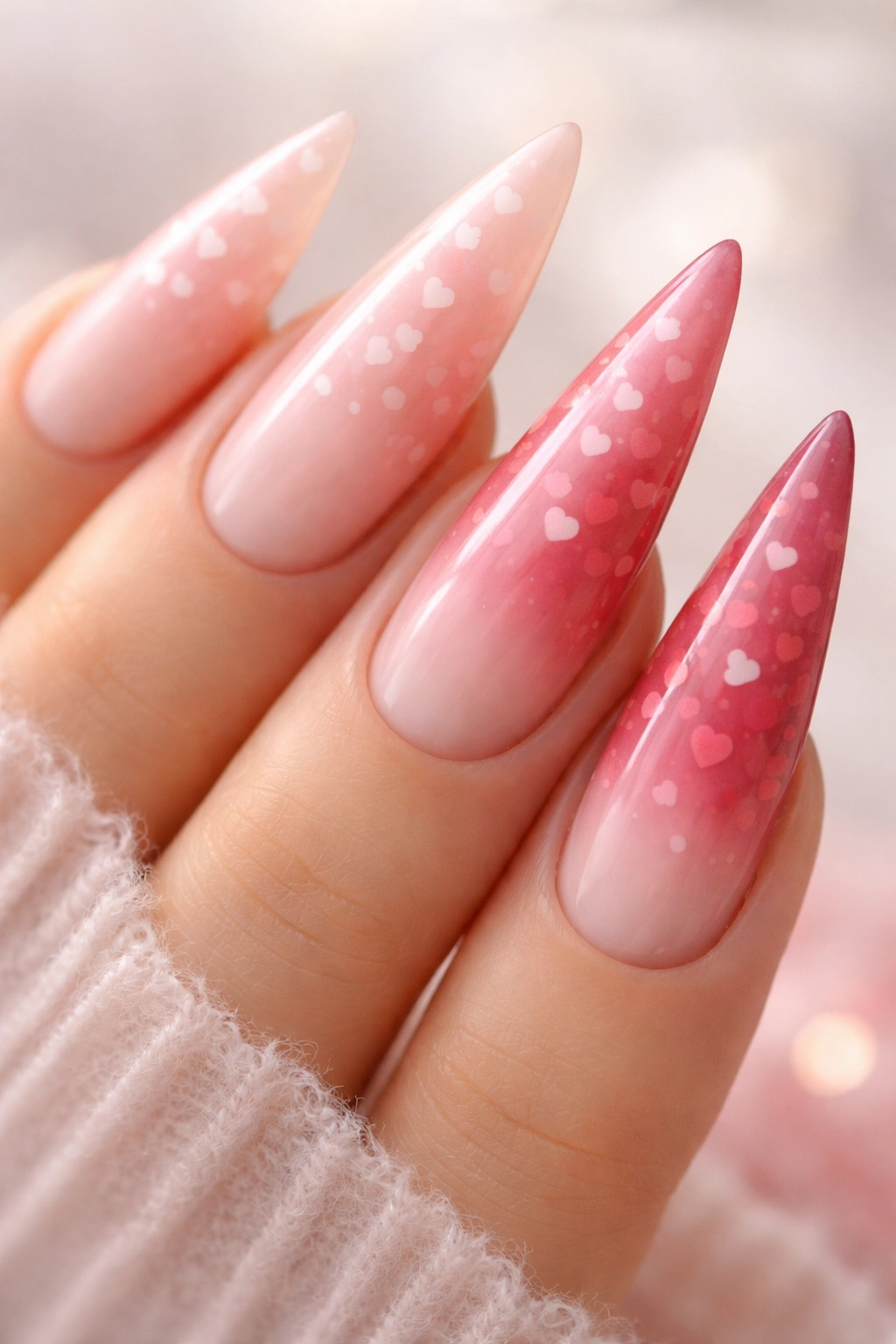 Stiletto nails with light-to-deep pink ombre and tiny hearts