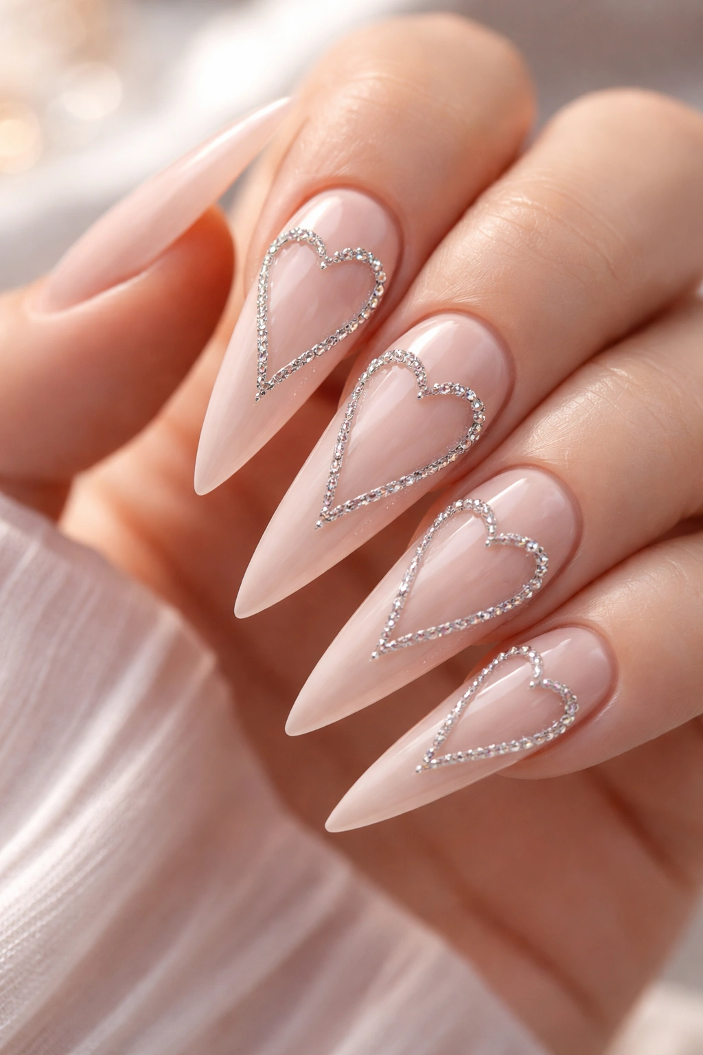 Close-up of stiletto nails with a solid base color and diamond-outline heart design