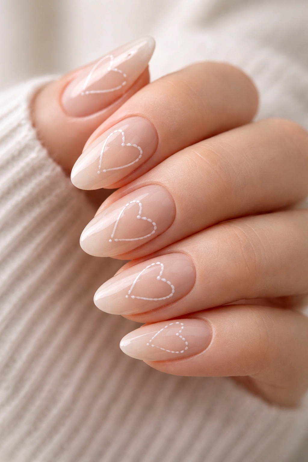 Close-up of short almond nails with delicate heart outlines and tiny dot details on a nude base