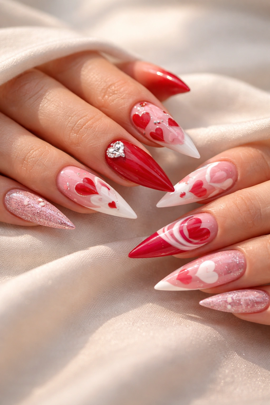 Softly lit display of diverse heart-stiletto nail designs on a neutral surface
