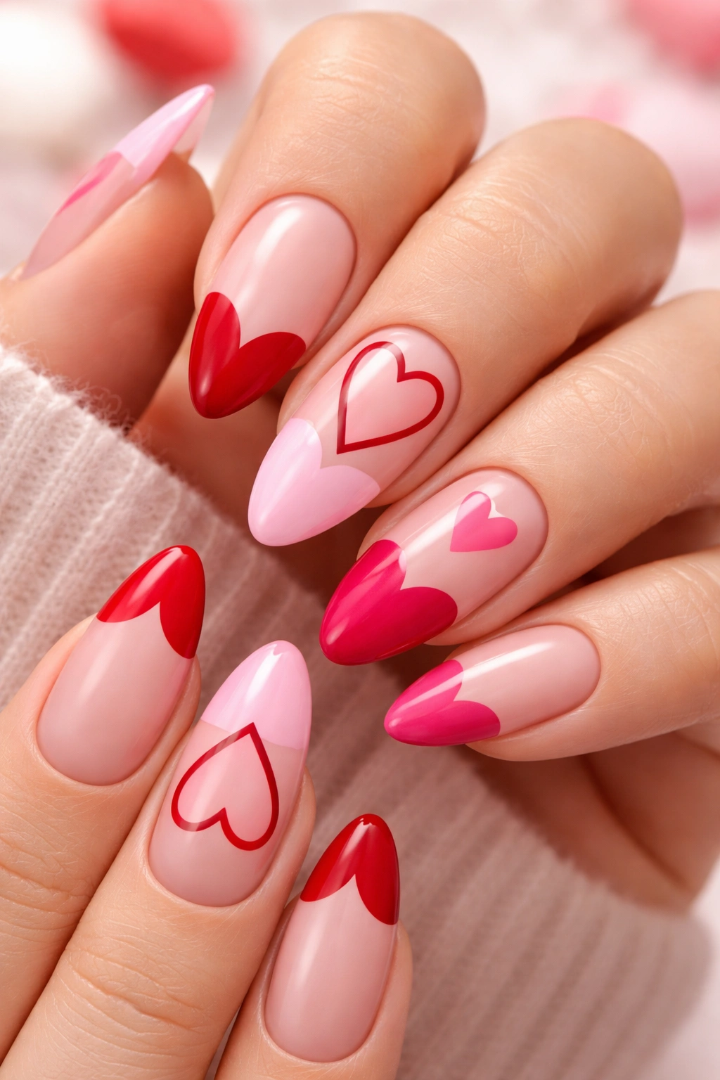 Close-up of almond nails with heart-shaped tips in red and pink