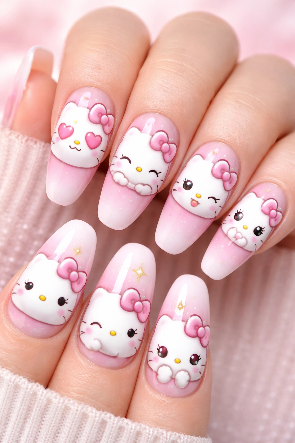 Nails showing Hello Kitty faces with different expressions on each nail.