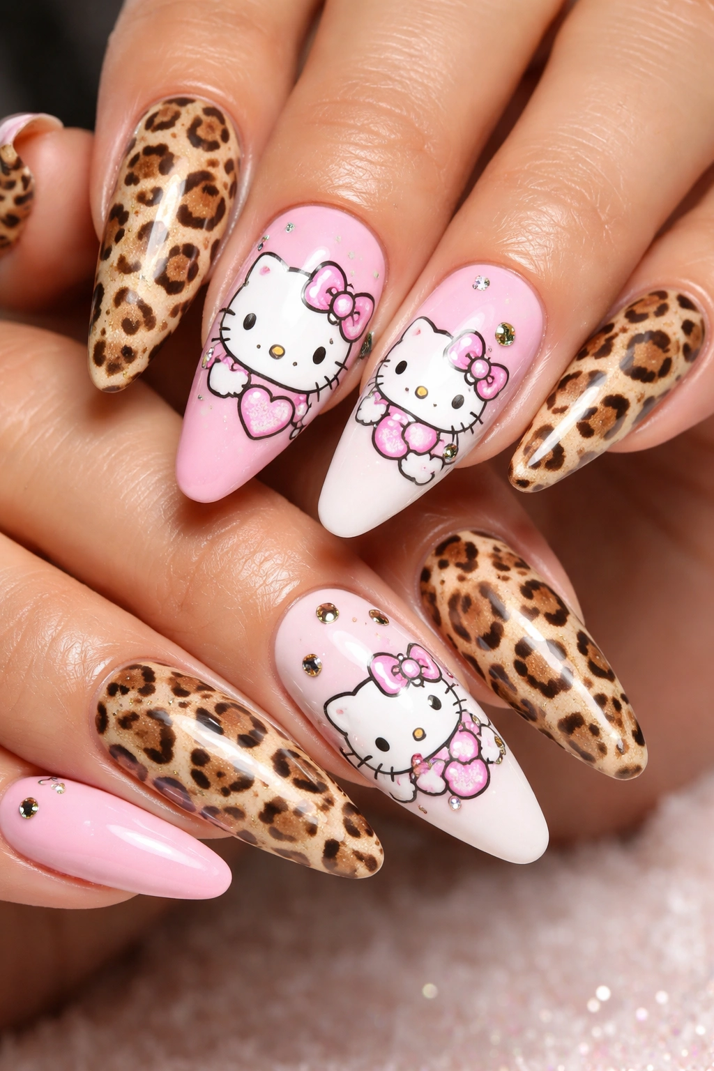 Nails with Hello Kitty accents and leopard print accents.