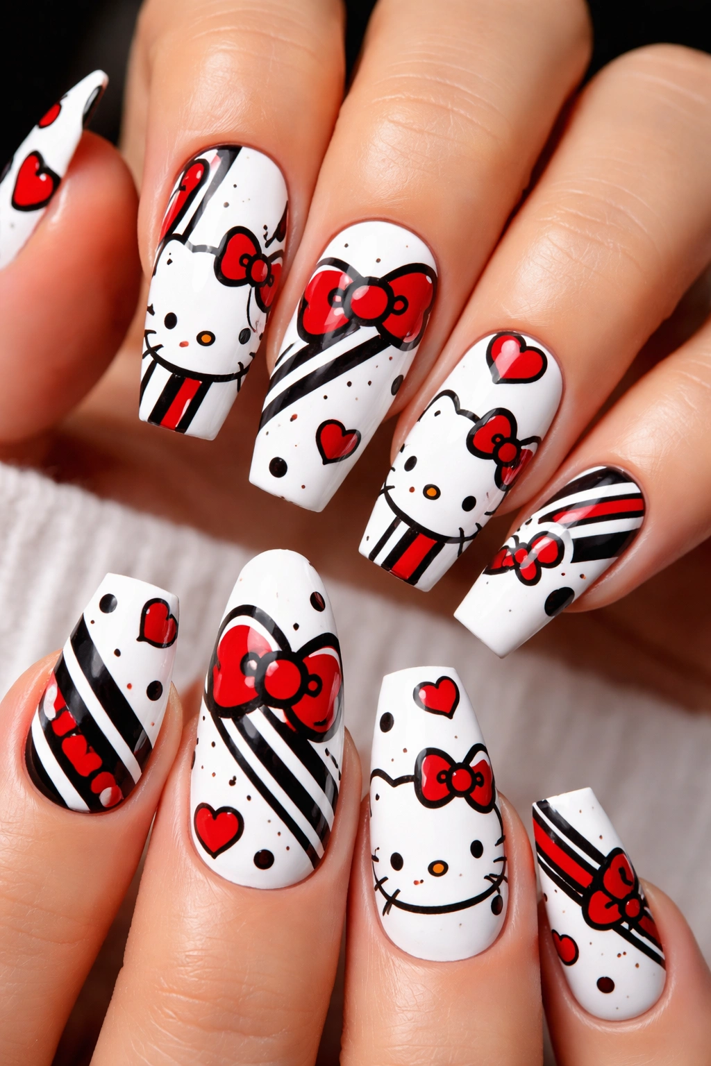 Close-up of black and red Hello Kitty designs on white coffin nails
