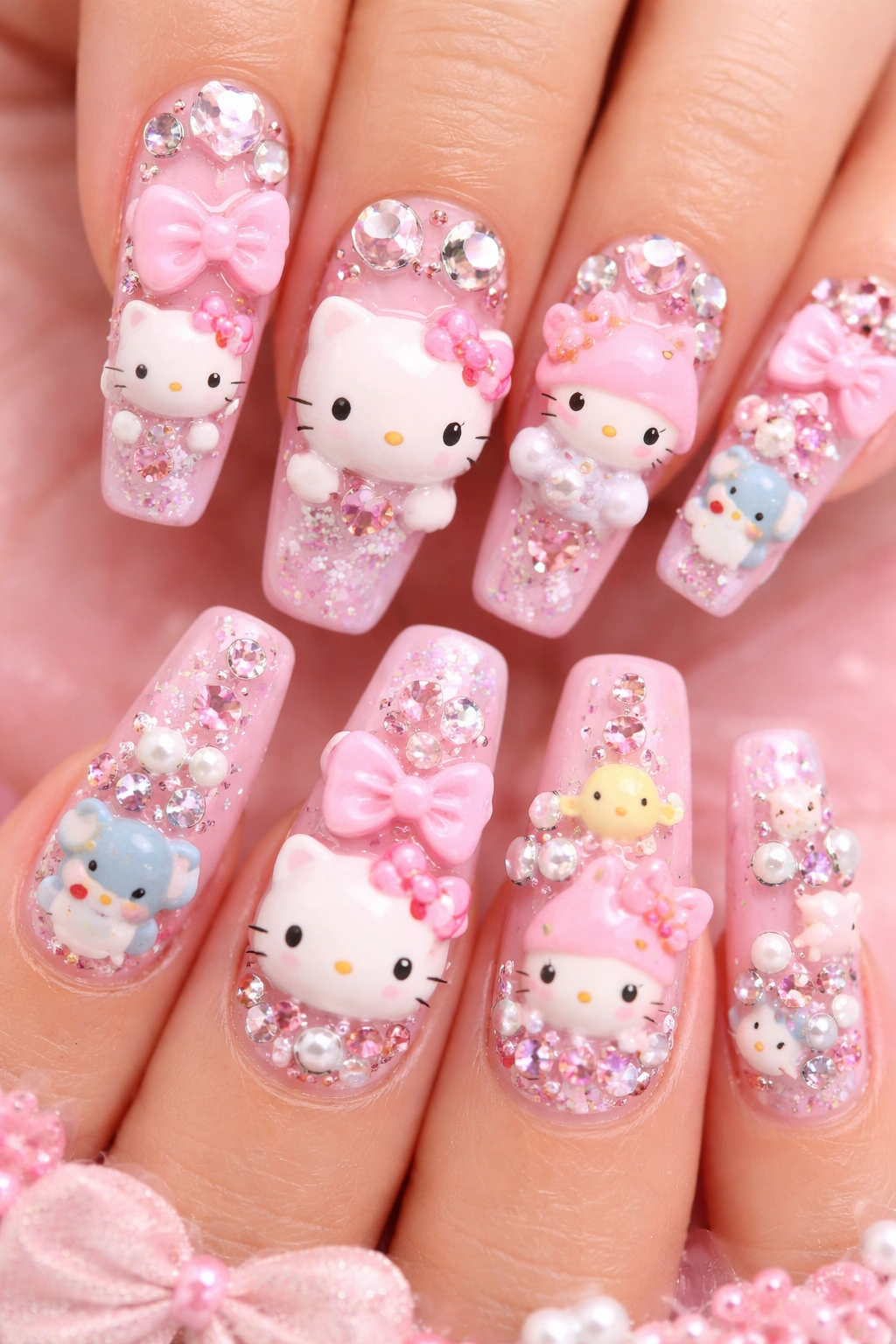 Hello Kitty and character charms on pink kawaii nails