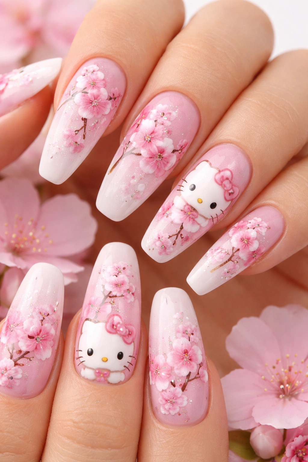 Close-up of Hello Kitty with Cherry Blossom Flowers nail art on pastel nails with blossoms and rhinestones
