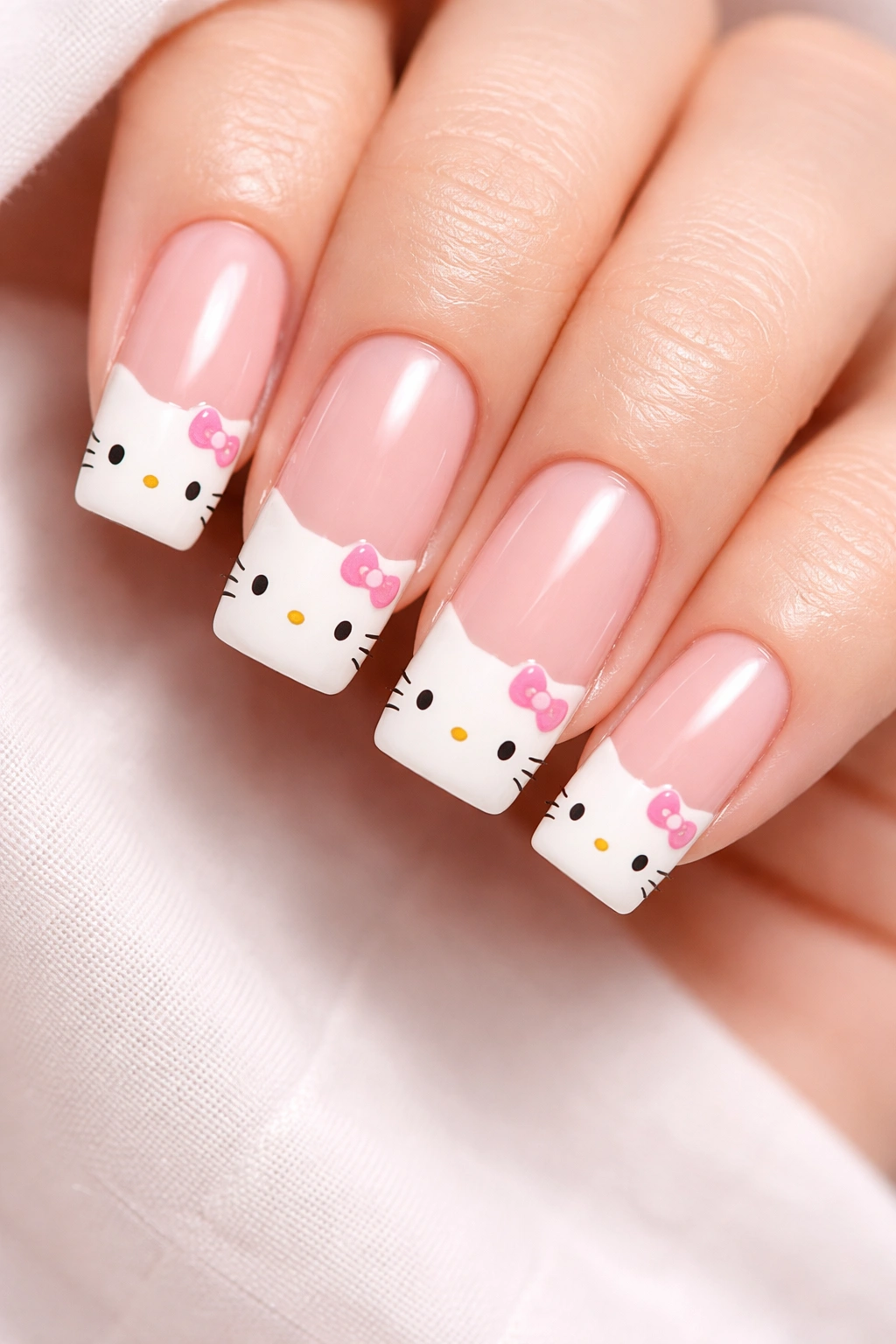 Close-up of medium-length acrylic nails with pink nude base and white tips featuring Hello Kitty faces on the tips.