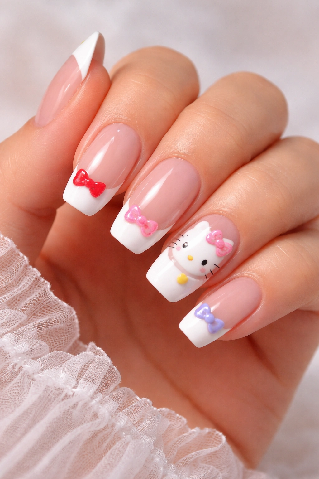 Close-up of Hello Kitty French tips with colorful bows nails